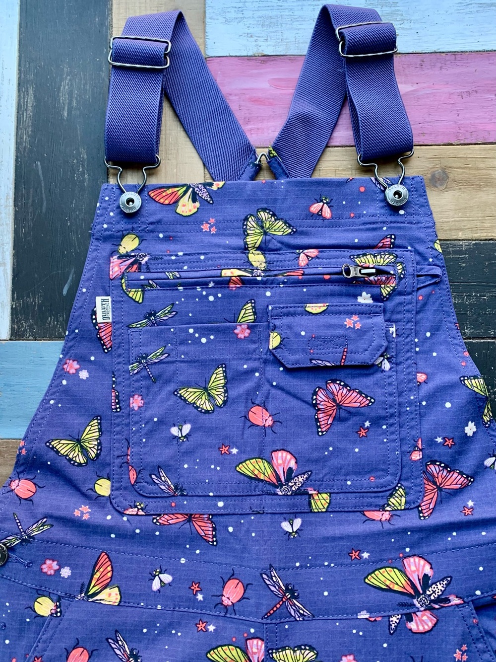 NWT Duluth Small Heirloom Garden Convertible Bib Overalls Indigo Backyard Bugs